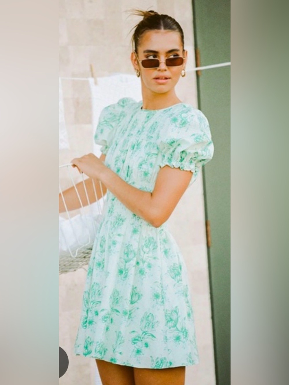 Mint Floral Puff-Sleeve Mini Dress - Women's